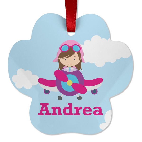 Custom Airplane & Girl Pilot Metal Paw Ornament - Double Sided w/ Name or Text