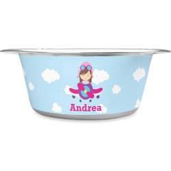 Airplane & Girl Pilot Stainless Steel Dog Bowl (Personalized)