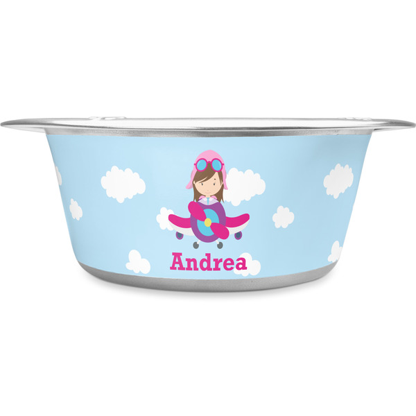 Custom Airplane & Girl Pilot Stainless Steel Dog Bowl - Large (Personalized)