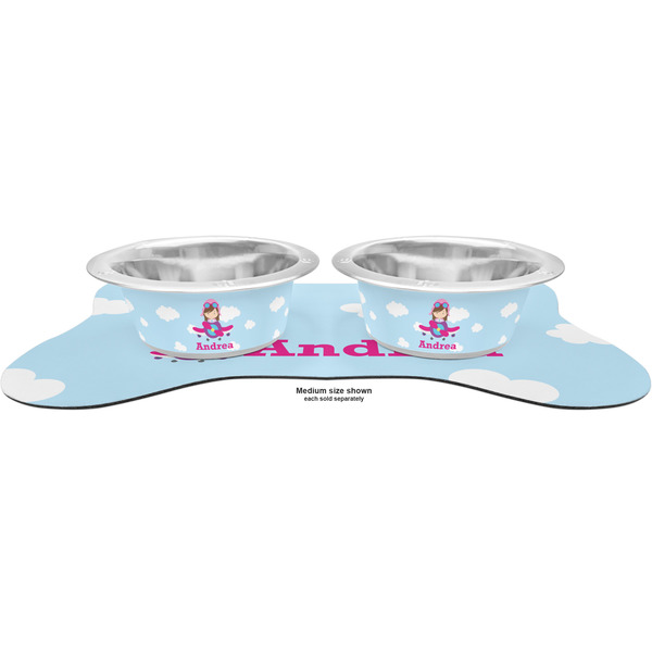 Airplane & Girl Pilot Metal Pet Bowls - On Dog Bone Shaped Mat