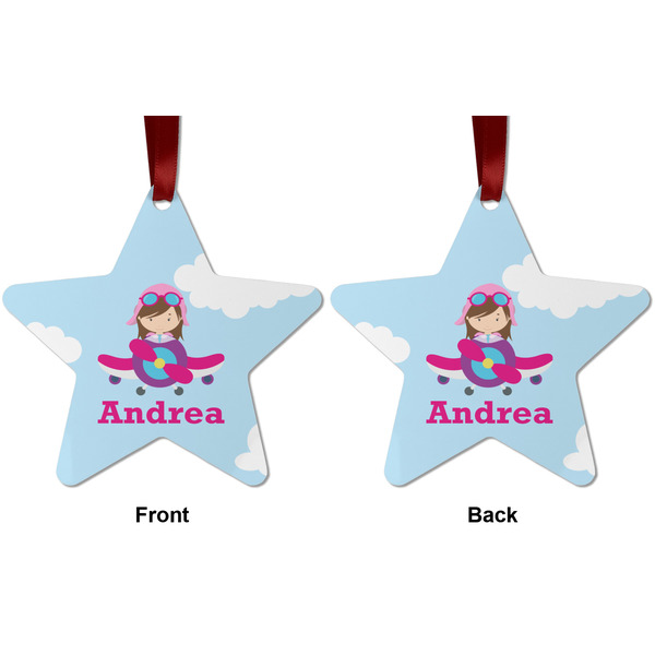 Airplane & Girl Pilot Metal Star Ornament - Front and Back