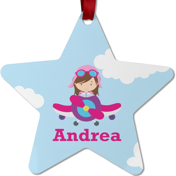Custom Airplane & Girl Pilot Metal Star Ornament - Double Sided w/ Name or Text