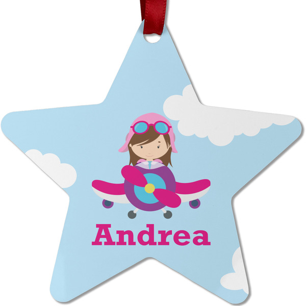 Custom Airplane & Girl Pilot Metal Star Ornament - Double Sided w/ Name or Text