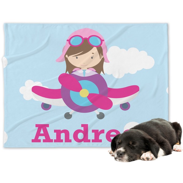Custom Airplane & Girl Pilot Dog Blanket - Large (Personalized)