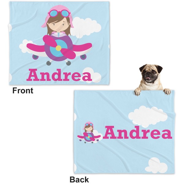 Airplane & Girl Pilot Microfleece Dog Blanket - Large- Front & Back