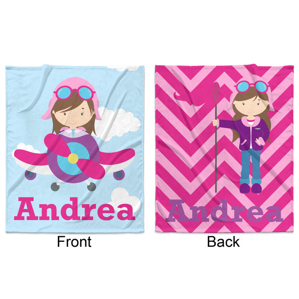 Airplane & Girl Pilot Minky Blanket - 50"x60" - Double Sided - Front & Back