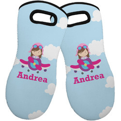 Airplane & Girl Pilot Neoprene Oven Mitts - Set of 2 w/ Name or Text