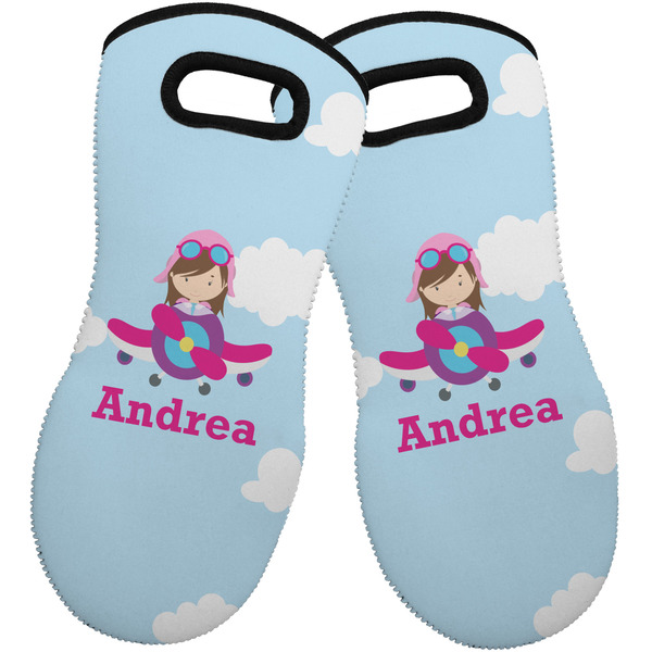 Custom Airplane & Girl Pilot Neoprene Oven Mitts - Set of 2 w/ Name or Text
