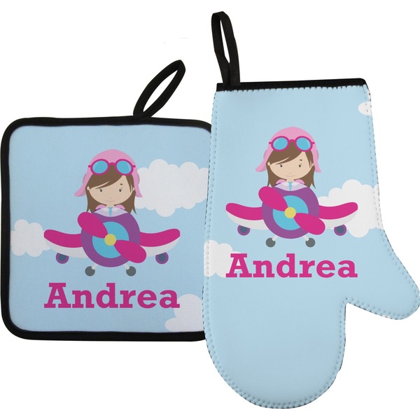 Custom Airplane & Girl Pilot Oven Mitt & Pot Holder Set w/ Name or Text
