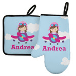 Airplane & Girl Pilot Left Oven Mitt & Pot Holder Set w/ Name or Text