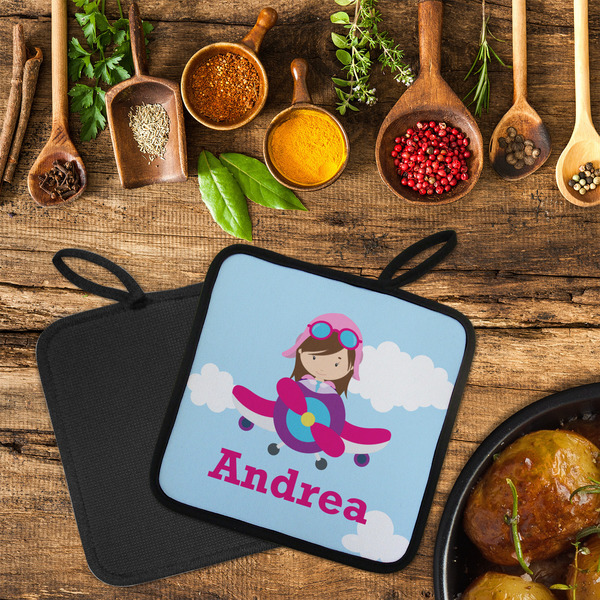 Airplane & Girl Pilot Neoprene Pot Holder - Set of 2  LIFESTYLE (Flatlay)