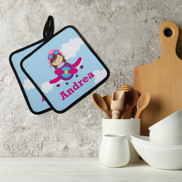 Airplane & Girl Pilot Neoprene Pot Holder - Set of 2  LIFESTYLE