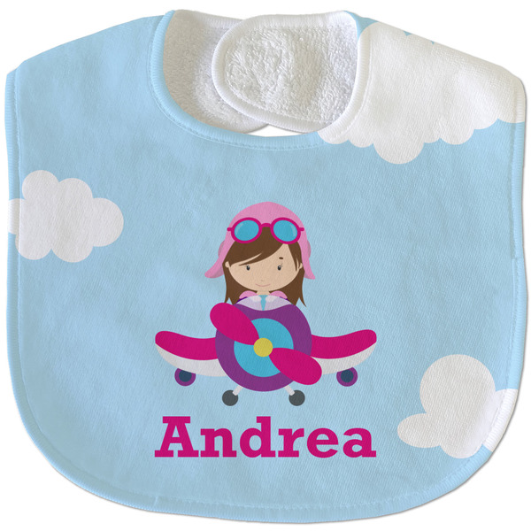Custom Airplane & Girl Pilot Velour Baby Bib w/ Name or Text