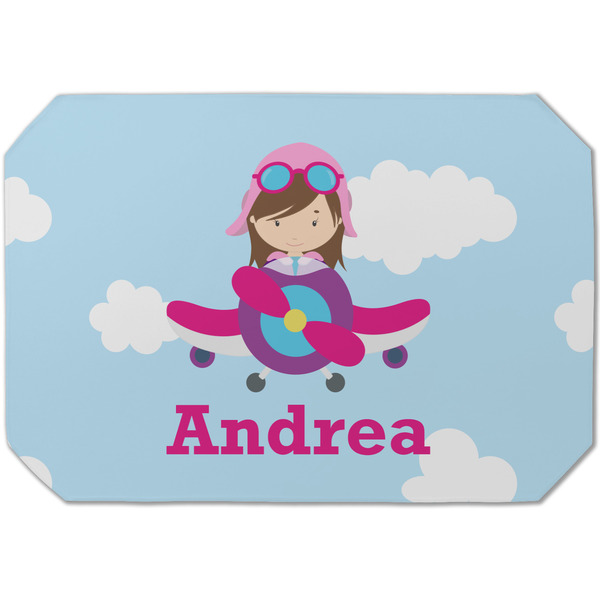 Custom Airplane & Girl Pilot Dining Table Mat - Octagon (Single-Sided) w/ Name or Text