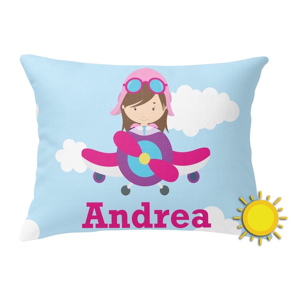 Custom Airplane & Girl Pilot Outdoor Throw Pillow (Rectangular) (Personalized)