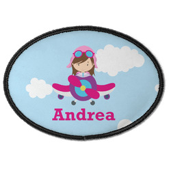 Airplane & Girl Pilot Iron On Oval Patch w/ Name or Text