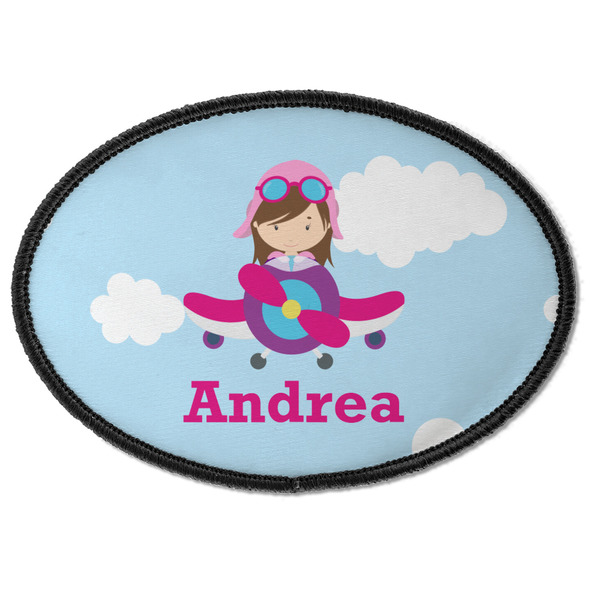 Custom Airplane & Girl Pilot Iron On Oval Patch w/ Name or Text