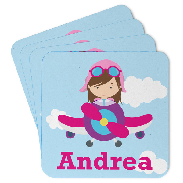 Custom Airplane & Girl Pilot Paper Coasters w/ Name or Text