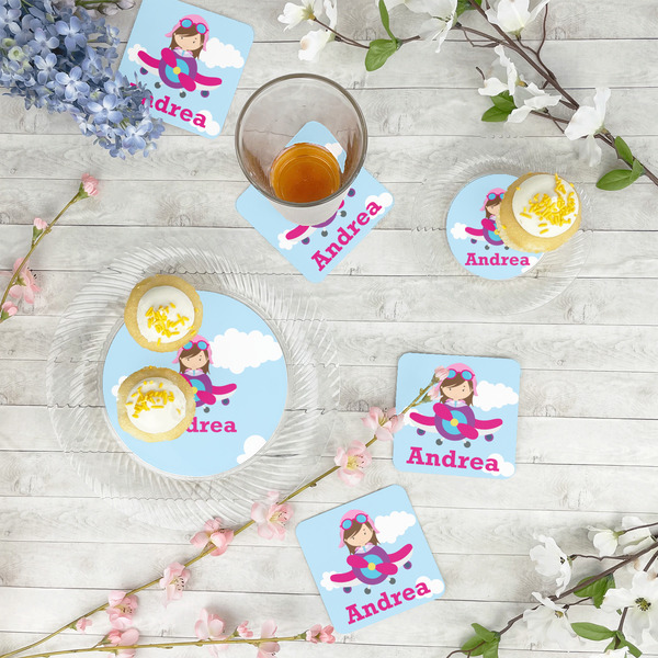 Airplane & Girl Pilot Paper Coasters - In Context