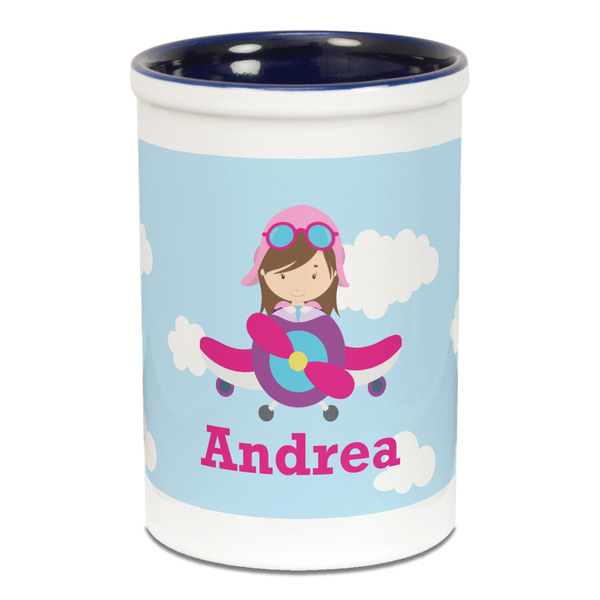 Airplane & Girl Pilot Pencil Holder - Blue