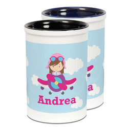 Airplane & Girl Pilot Ceramic Pencil Holder - Large