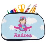 Airplane & Girl Pilot Neoprene Pencil Case - Medium w/ Name or Text