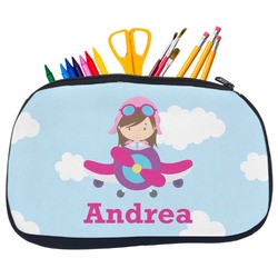 Airplane & Girl Pilot Neoprene Pencil Case - Medium w/ Name or Text