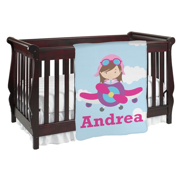 Custom Airplane & Girl Pilot Baby Blanket (Single Sided) (Personalized)