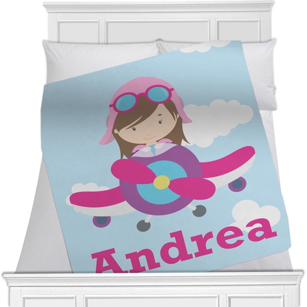 Custom Airplane & Girl Pilot Minky Blanket - Toddler / Throw - 60"x50" - Double Sided (Personalized)