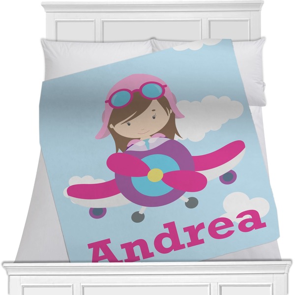 Custom Airplane & Girl Pilot Minky Blanket - Toddler / Throw - 60"x50" - Single Sided (Personalized)
