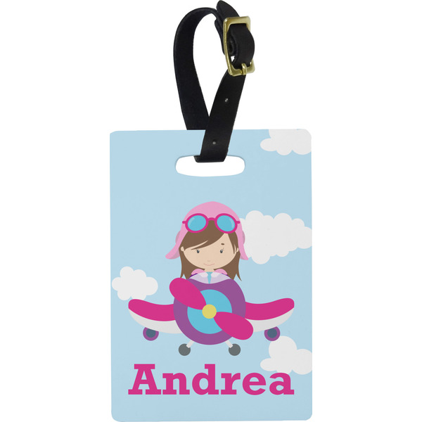 Custom Airplane & Girl Pilot Plastic Luggage Tag - Rectangular w/ Name or Text