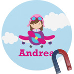 Airplane & Girl Pilot Round Fridge Magnet (Personalized)