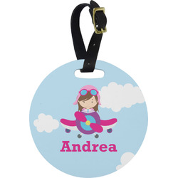 Airplane & Girl Pilot Plastic Luggage Tag - Round (Personalized)