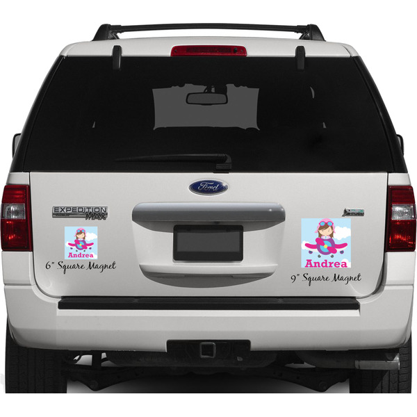 Airplane & Girl Pilot Personalized Square Car Magnets on Ford Explorer