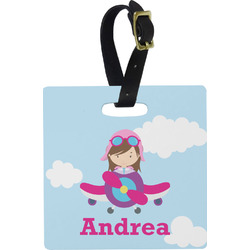 Airplane & Girl Pilot Plastic Luggage Tag - Square w/ Name or Text