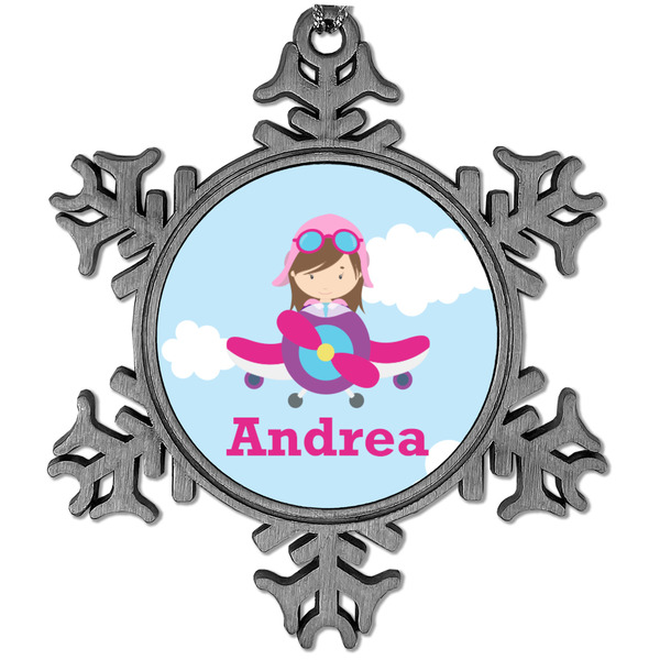 Custom Airplane & Girl Pilot Vintage Snowflake Ornament (Personalized)