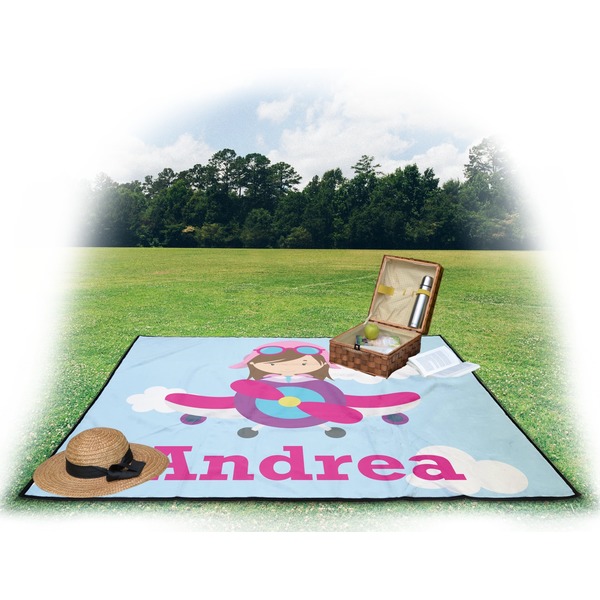Airplane & Girl Pilot Picnic Blanket - with Basket Hat and Book - in Use