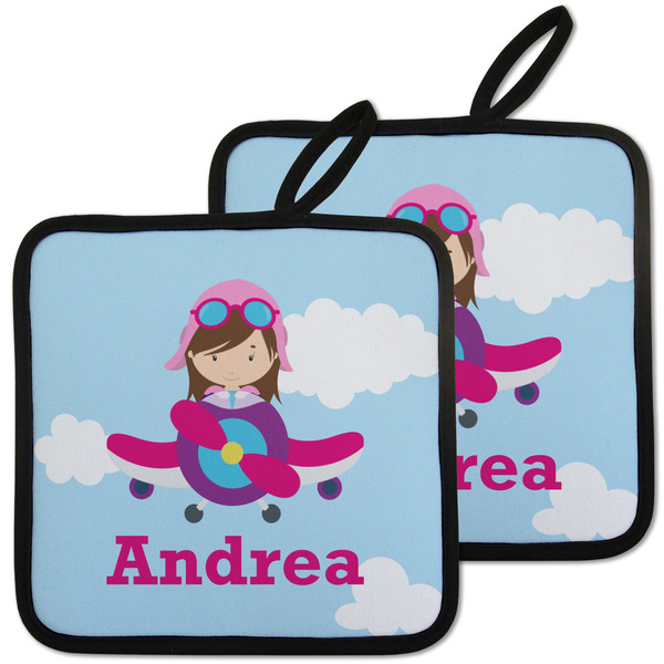 Custom Airplane & Girl Pilot Pot Holders - Set of 2 w/ Name or Text