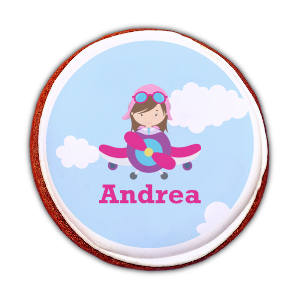 Airplane & Girl Pilot Printed Icing Circle - Medium - On Cookie