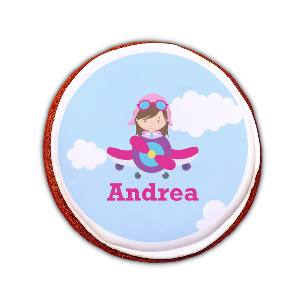 Airplane & Girl Pilot Printed Icing Circle - Small - On Cookie
