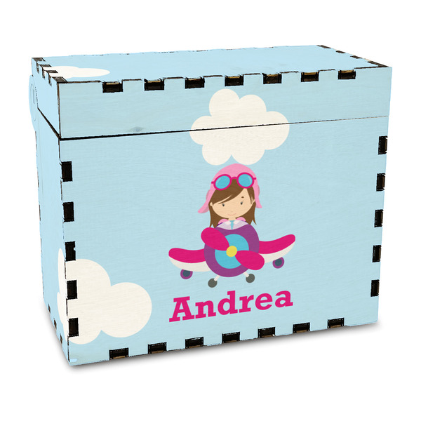 Custom Airplane & Girl Pilot Wood Recipe Box - Full Color Print (Personalized)