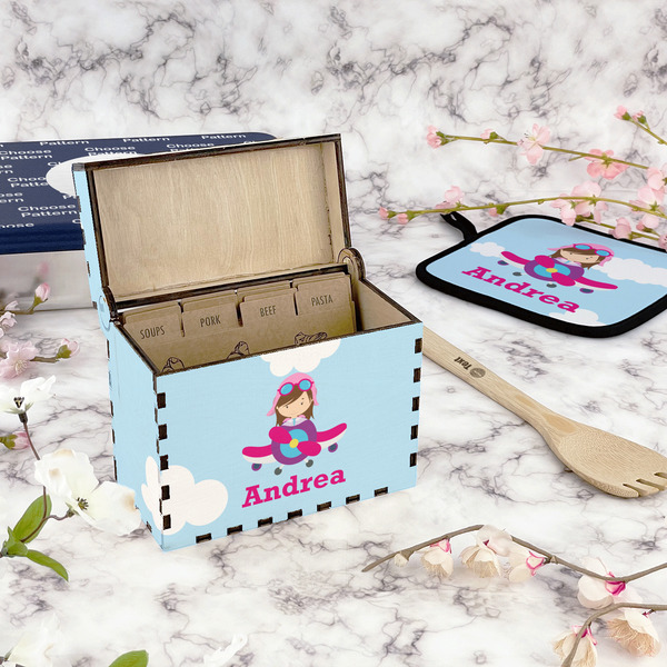 Airplane & Girl Pilot Recipe Box - Full Color - In Context