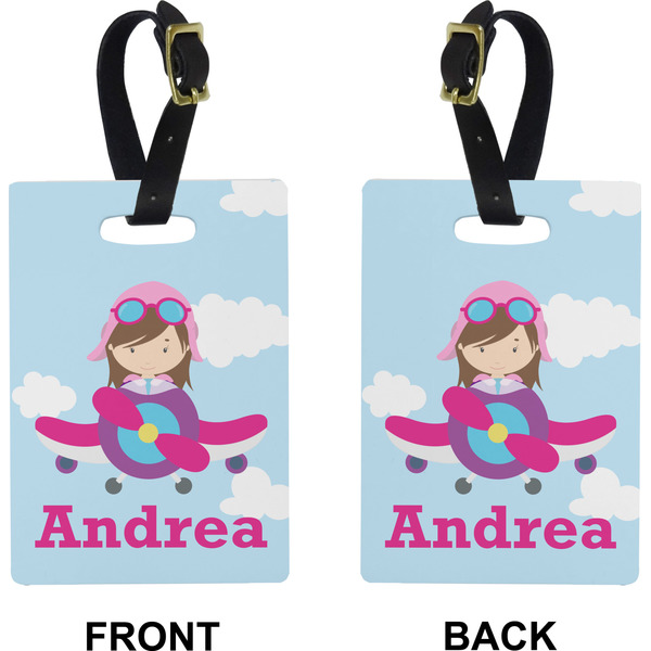 Airplane & Girl Pilot Rectangle Luggage Tag (Front + Back)