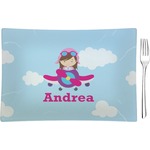 Airplane & Girl Pilot Rectangular Glass Appetizer / Dessert Plate - Single or Set (Personalized)