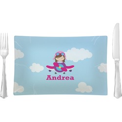 Airplane & Girl Pilot Glass Rectangular Lunch / Dinner Plate (Personalized)