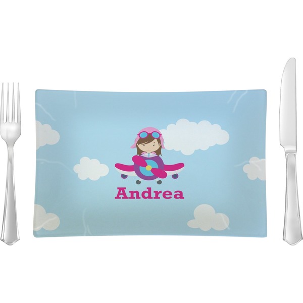 Custom Airplane & Girl Pilot Rectangular Glass Lunch / Dinner Plate - Single or Set (Personalized)