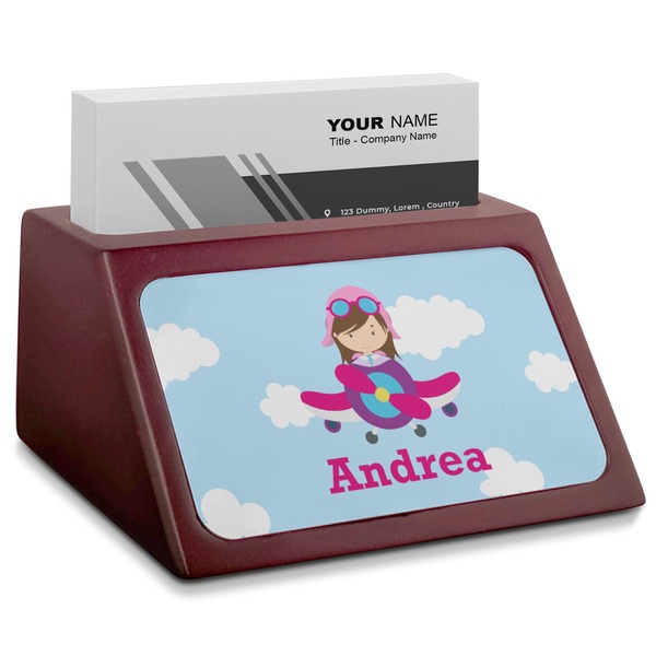 Custom Airplane & Girl Pilot Red Mahogany Business Card Holder (Personalized)