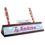 Airplane & Girl Pilot Red Mahogany Nameplate with Business Card Holder (Personalized)
