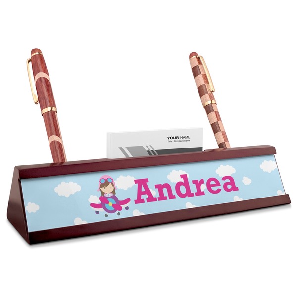 Custom Airplane & Girl Pilot Red Mahogany Nameplate with Business Card Holder (Personalized)