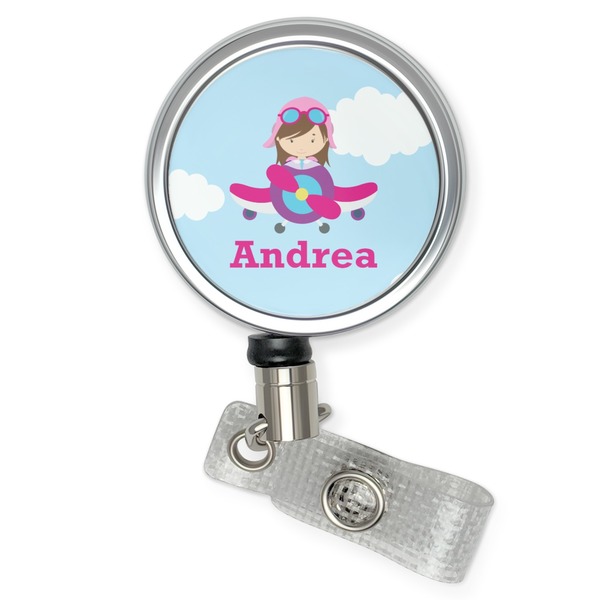 Custom Airplane & Girl Pilot Retractable Badge Reel (Personalized)